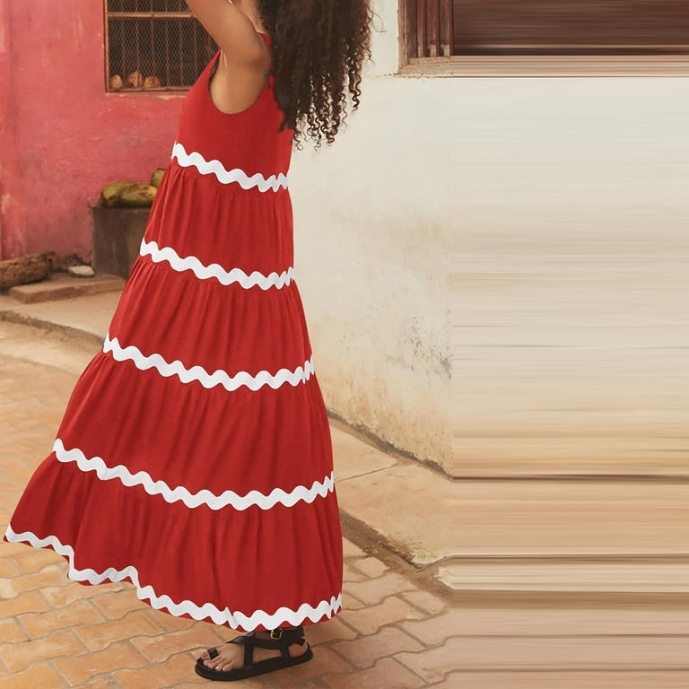 Htigea Womens Summer Maxi Dress New Stripe Print U Neck Long Skirt Trendy  Solid Color Halter Dresses Casual Loose Tunics Pleated House Dress -  Walmart.com