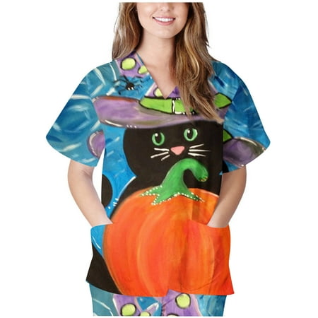 

Workwear Women s Halloween Print V-Neck Short Sleeve Working Uniform Blouse Scrub_Tops Working Blouse with Pocket