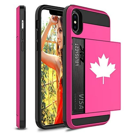 Wallet Credit Card ID Holder Shockproof Protective Hard Case Cover for Apple iPhone Maple Leaf Canada (Hot-Pink, for Apple iPhone