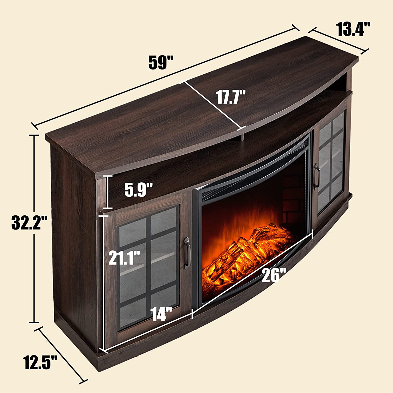 VANACC Curved Fireplace TV Stand with 26" Fireplace, Console Table for TVs up to 65", Espresso