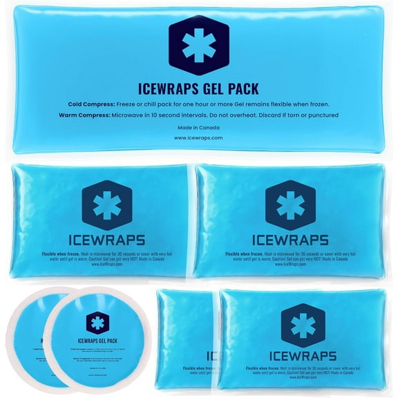 ICEWRAPS Reusable Multipurpose Gel Ice Packs in 4 Sizes - Hot Cold Pack for Kids Injuries, First Aid, Sport Injuries, Breastfeeding, Wisdom Teeth, Muscle and Joint Pain Relief - 7 pack