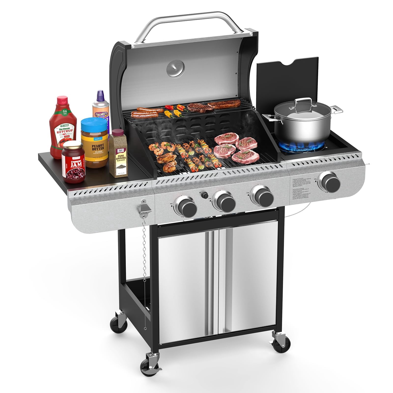 4-Burner Propane Gas BBQ Grill with Side Burner, 37,000 BTU Stainless Steel Construction with Porcelain-Enameled Grates for Outdoor Cooking, Camping, and Patio Backyard