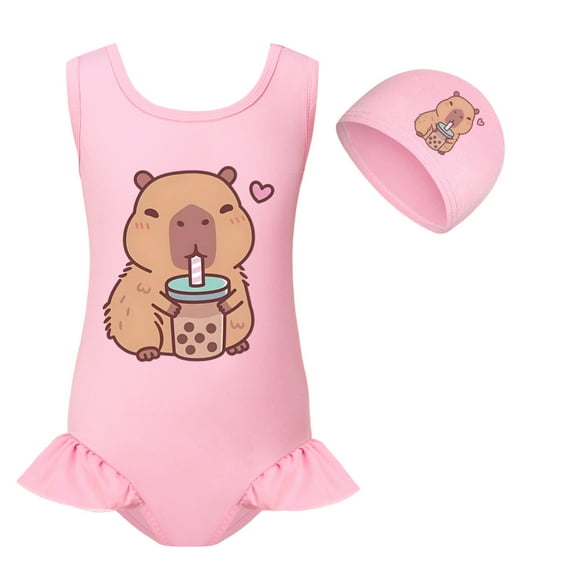 Girls Capybaras Swimsuit & Swim Cap Set – Cute One-Piece Bathing Suit with Matching Hat, UV Protection Swimwear