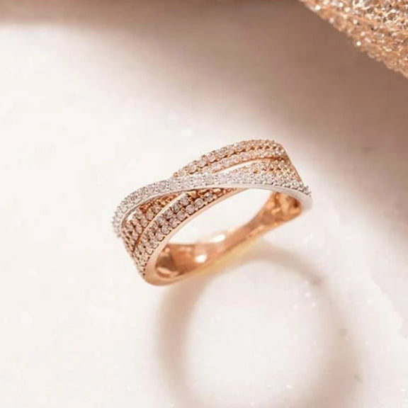 14K Rose Gold Plated Sterling Silver Round Simulated Diamond Crossover Half Eternity Wedding Band Ring, Infinity Women's Ring