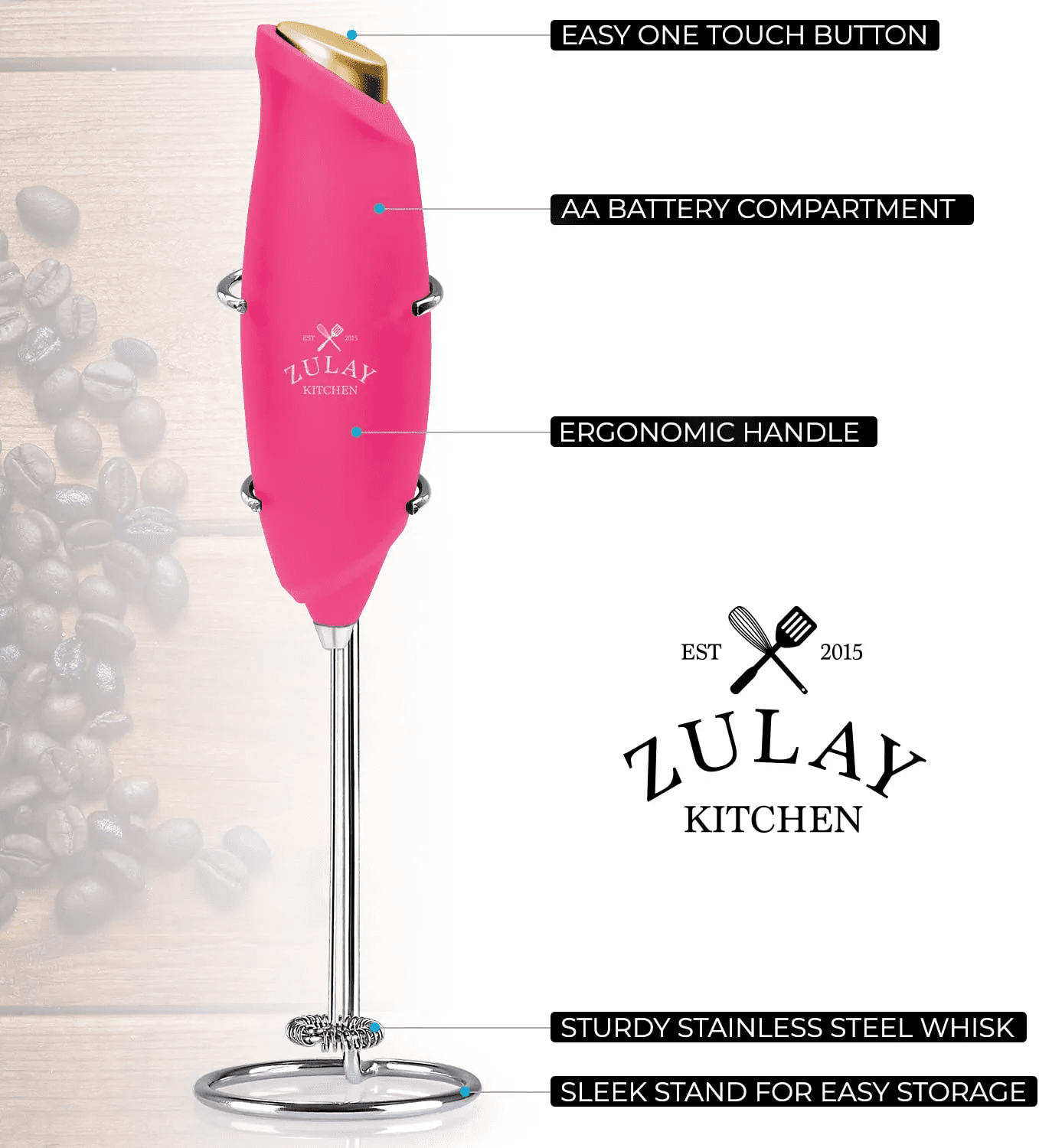 Zulay Kitchen Premium One-Touch Milk Frother for Coffee - Pink