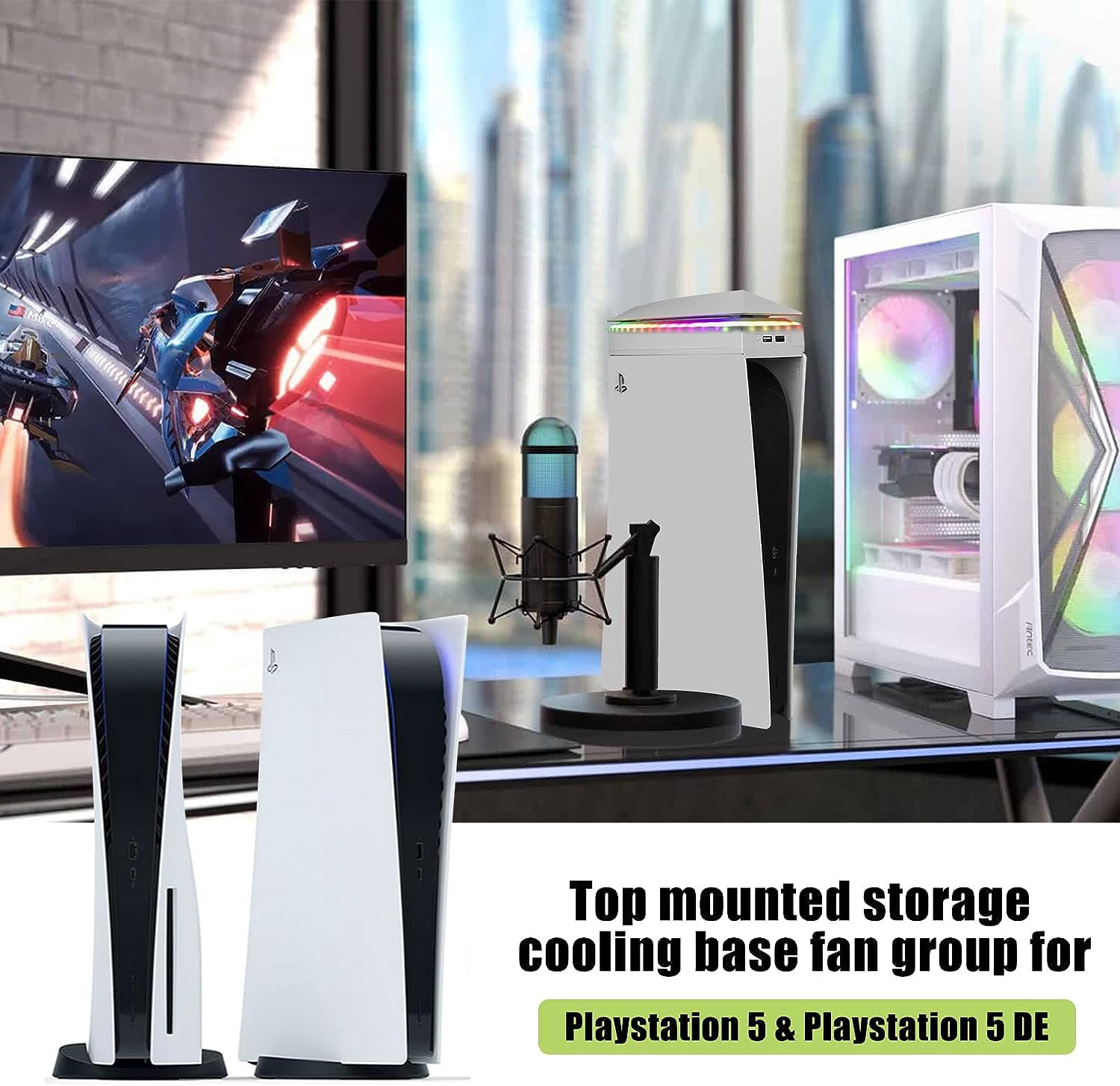 Prociv Upgraded Upper RGB Cooling Fan for PS5, Top Cooling System Cooler Fan with RGB Light, 3 Speed Adjustable Fan, Dual USB 2.0 Port for PS5 Console - White
