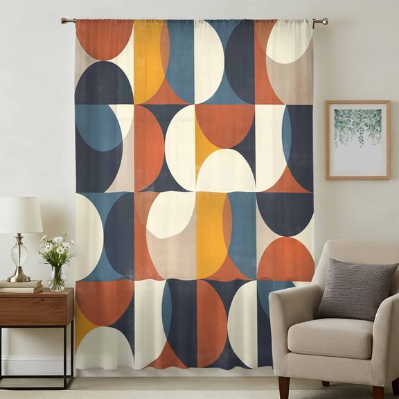 Navy Blue Beige Sheer Curtains 96 Inches Long, Middle Century Modern Geometric Abstract Light Filering Curtains, Privacy Drapes Simi Floor to Veiling Curtain for Living Room Large Window Treatment