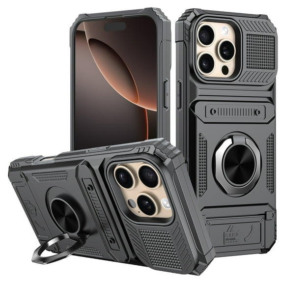 Liwarace Case for iPhone 16 Pro Max/16 Pro/16 Plus/16 Heavy Duty Rugged Phone Cover with Flip Card Slot and Kickstand, Black