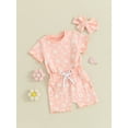 thumbnail image 3 of Suealasg Kids Toddler Girl 3Pcs Summer Outfits Flower Print Short Sleeve T-shirt Elastic Waist Shorts with Hairband 6M 1T 2T 3T Baby Girl Clothes, 3 of 9