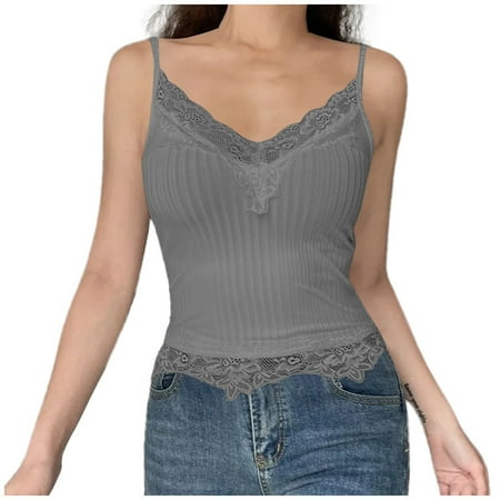 QYZEU Plus Size Tank Tops for Women Dressy Lace Trim Ribbed Deep V Neck Crop Camisole Sexy Slim Fit Sleeveless Tank Top Bodysuit Soft Breathable Lightweight Tops Grey S