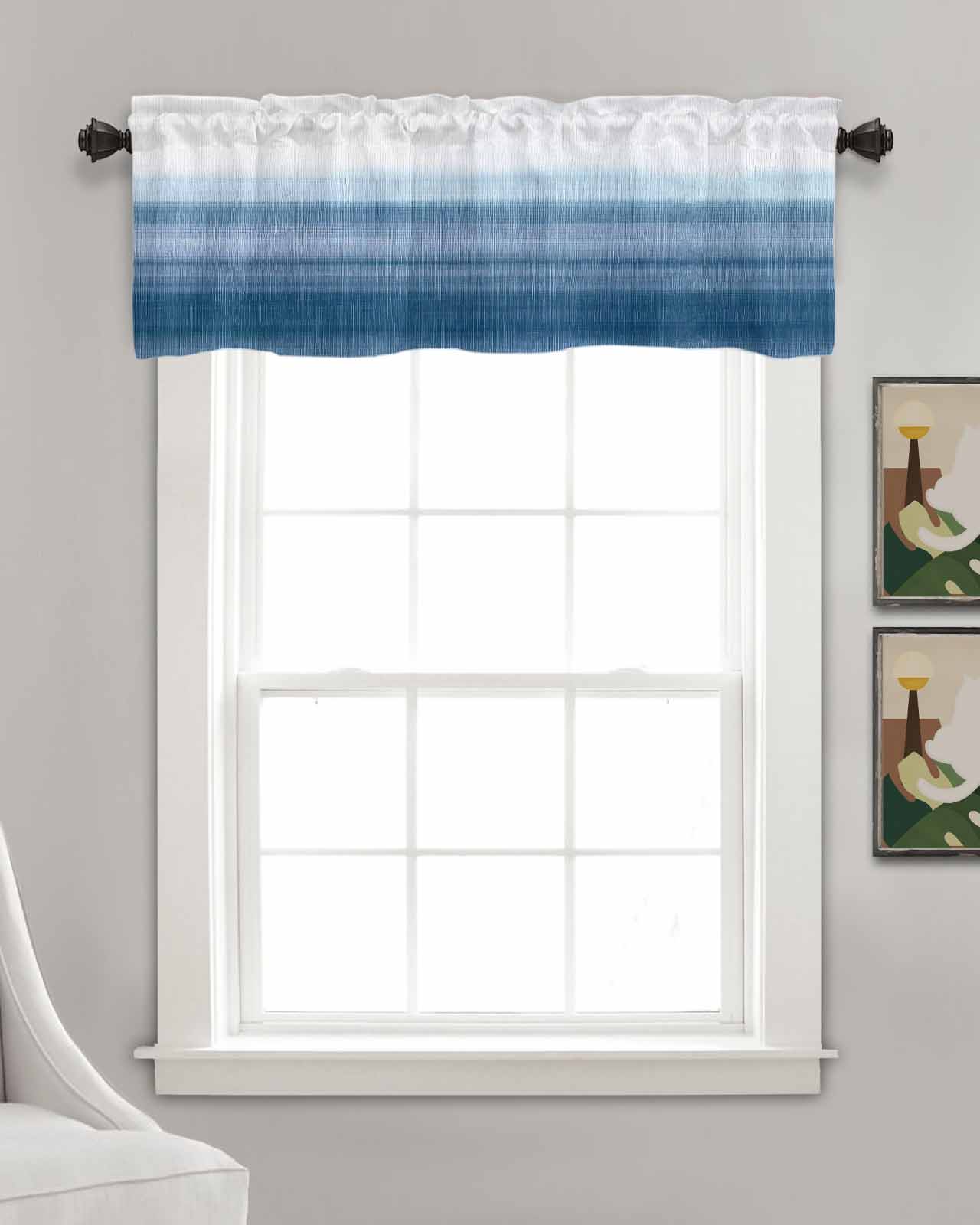 Haze Blue White Ombre Kitchen Valances for Windows Farmhouse Linen Window Valance Curtain for Living Room Window Treatment Vintage Gradient Striped Aesthetics Valance Rod Pocket Topper, 42 x 18 Inch