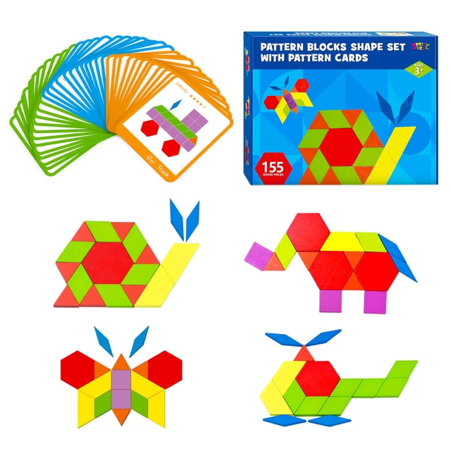 Juego de bloques con motivos de madera SpriteGru, 155 piezas, con tarjetas de diseño