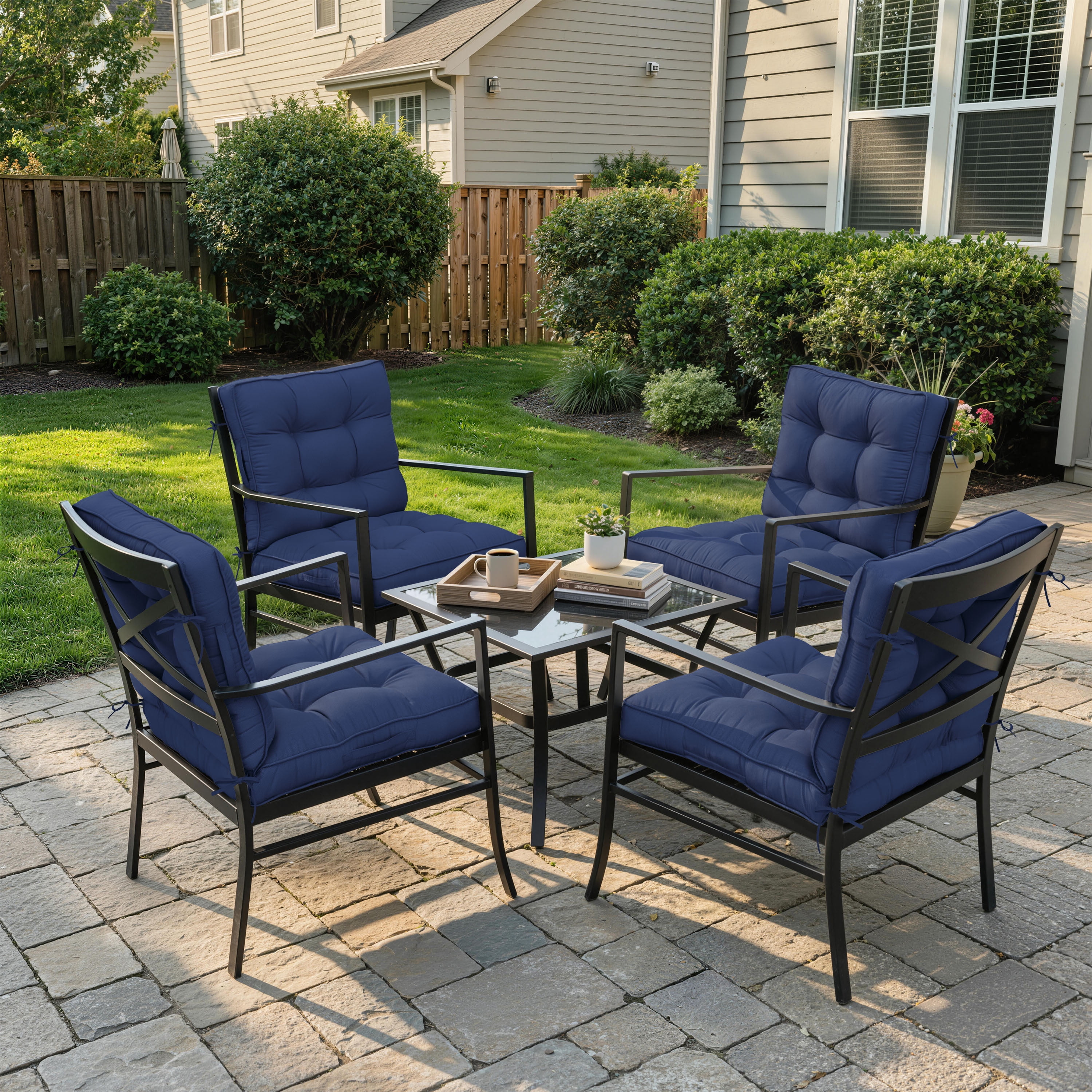 Pakunoda Chairs Cushions 42" X 21" Tufted Non Slip Pad Seat and Seatback 4 Set Cushion with Ties for Patio Outdoor & Indoor Rocking Chair, Blue