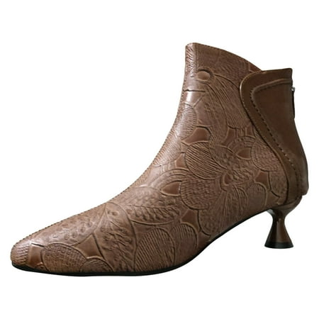 OJSFQUFP Womens Shoes Winter Warm Boots Women Ankle Boots Fashionable New Pattern Minimalist Pattern Retro Pointed Toe Thin Heel Low Heel Zipper Shoes Heeled Combat Boots for Women Brown 37