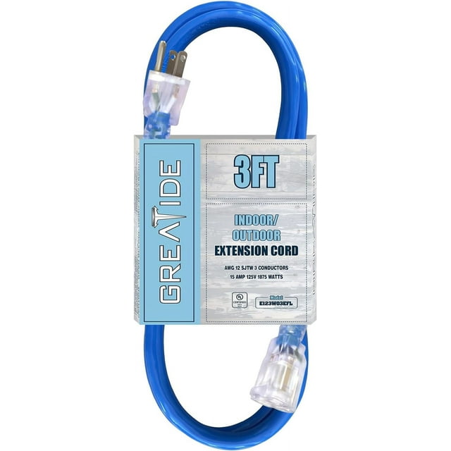 LAICAIW Rallonge Extérieure Éclairée de 3 Pi - Câble d'Extension Robuste 12/3 SJTW avec Fiche à 3 Broches Mise à la Terre - Cordon d'Alimentation 15 A pour Pelouse, Jardin, Électroménagers, Bleu
