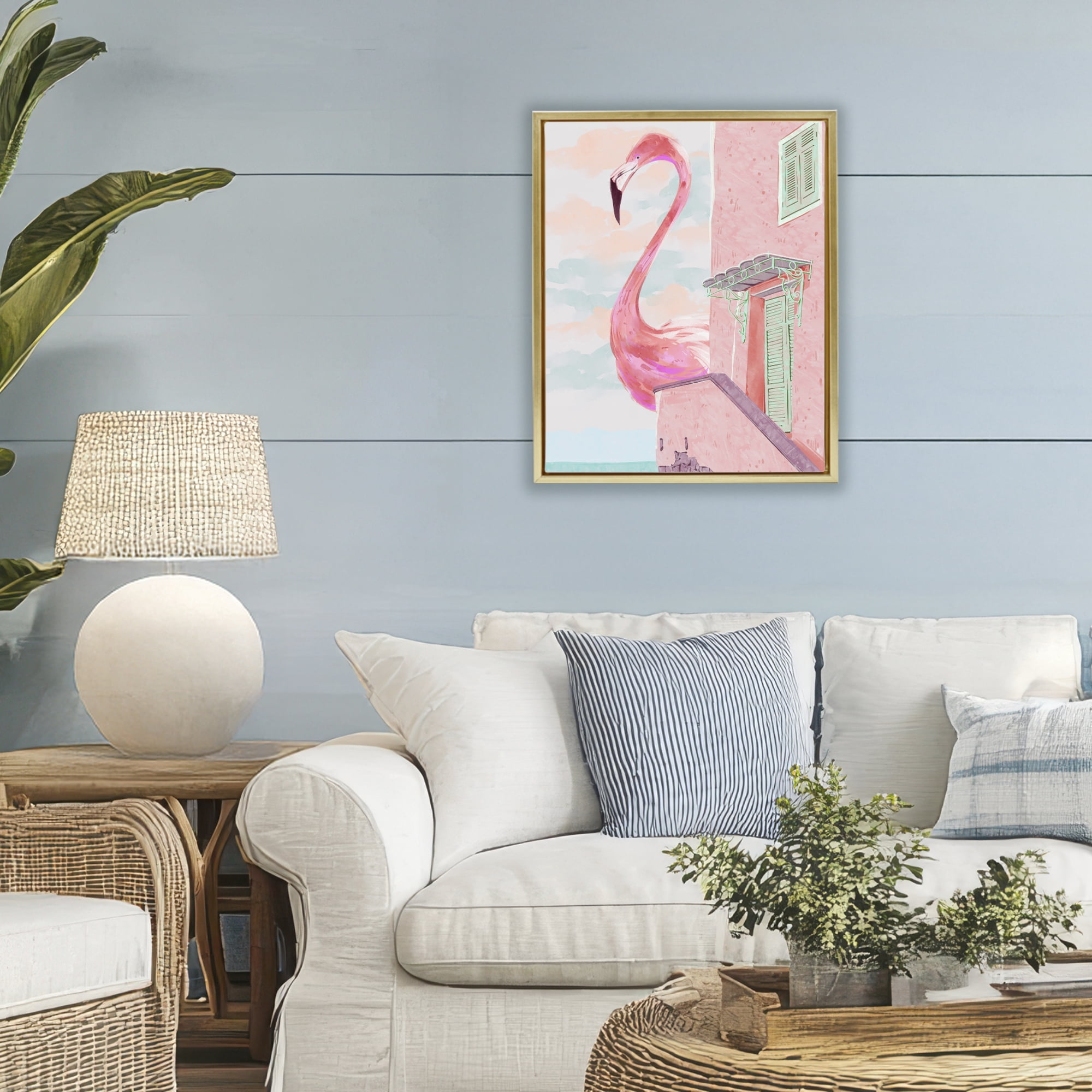 Stupell Industries Giant Flamingo with Seaside Balcony Gold Framed Floater Canvas Wall Art, design by Ziwei Li