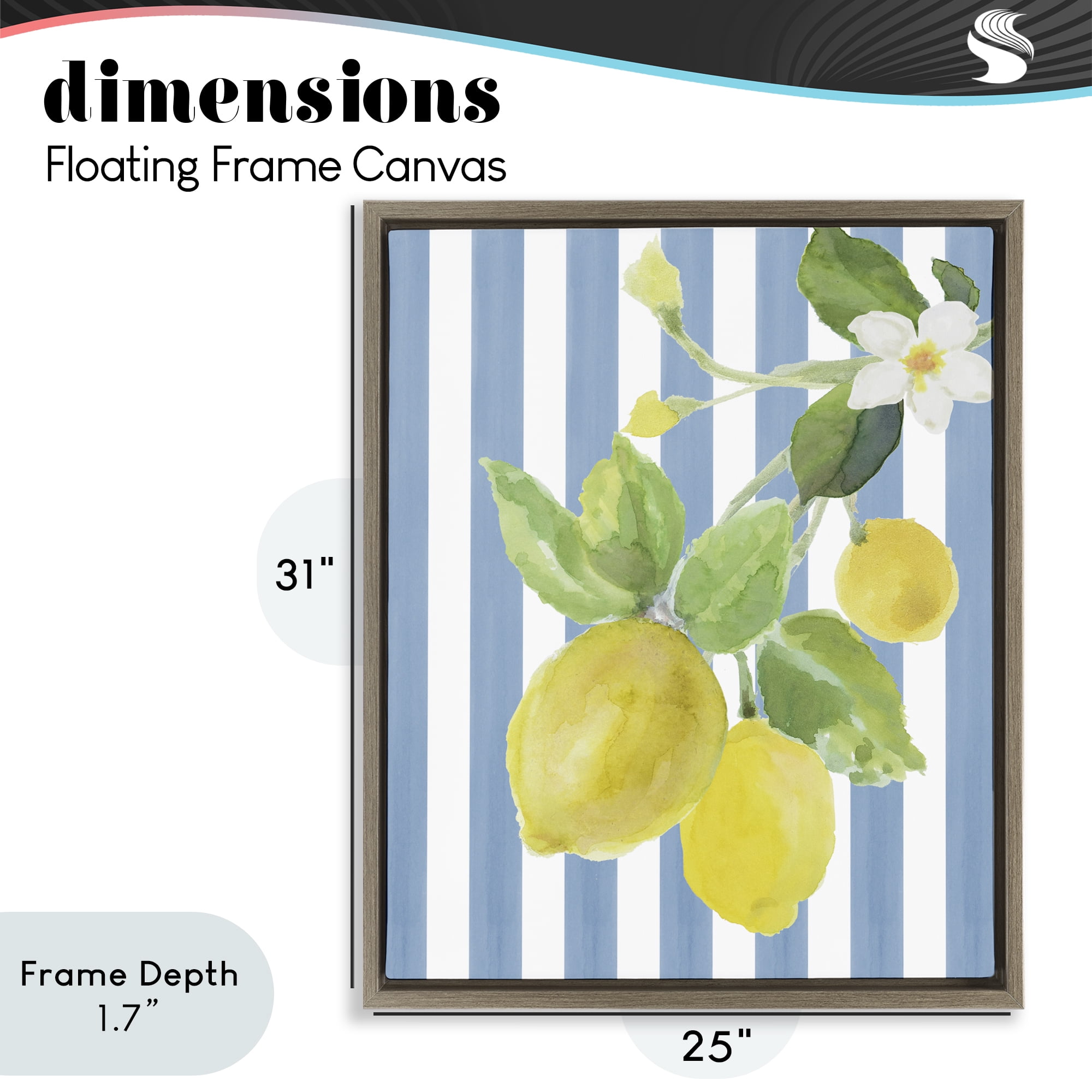 Stupell Industries Lemon Blossom on Blue Stripes Brown Framed Floater Canvas Wall Art, design by Lanie Loreth