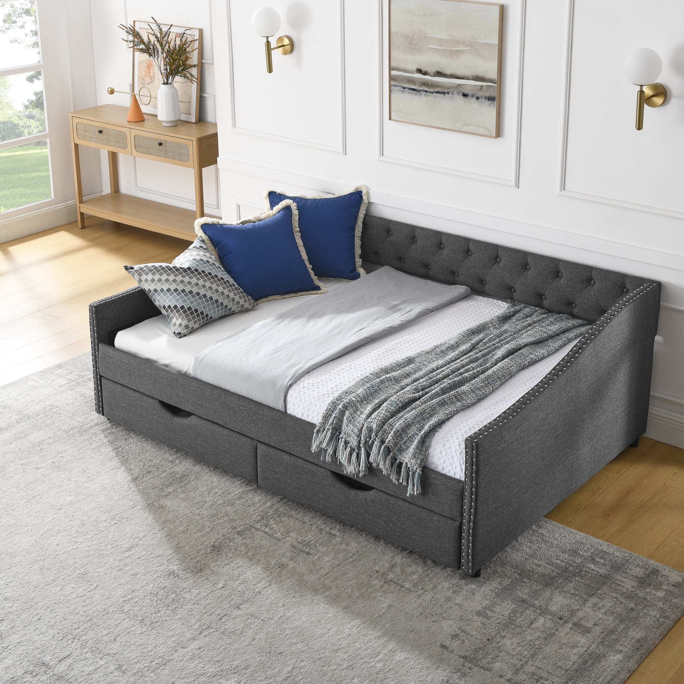 Noble House Brixo Full Size Daybed with Drawers, Linen Upholstered Tufted Sofa Bed with Nailhead Waved Arms, Dark Gray