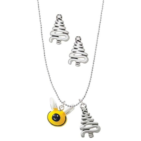 Delight Jewelry Resin Bumble Bee Silver tone Zig Zag Christmas Tree Charm Necklace and Stud Earrings