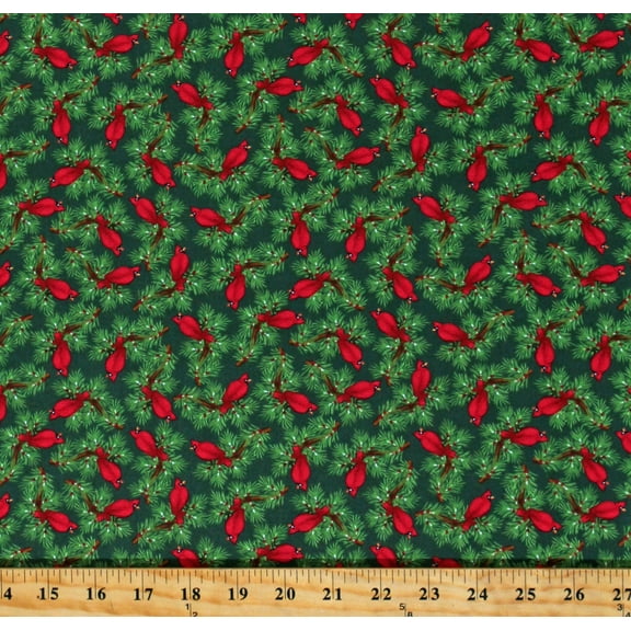 Cotton Cardinals Winter Birds Christmas Holiday Pine Branches Merry Town by Sharla Fults Green Cotton Fabric Print by the Yard (6369-68)