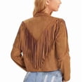 thumbnail image 2 of Morttic Women's Boho Faux Suede Fringe Crop Jacket – Long Sleeve Open Front Western Cowgirl Outerwear Fashion Streetwear Dark Brown，S, 2 of 3