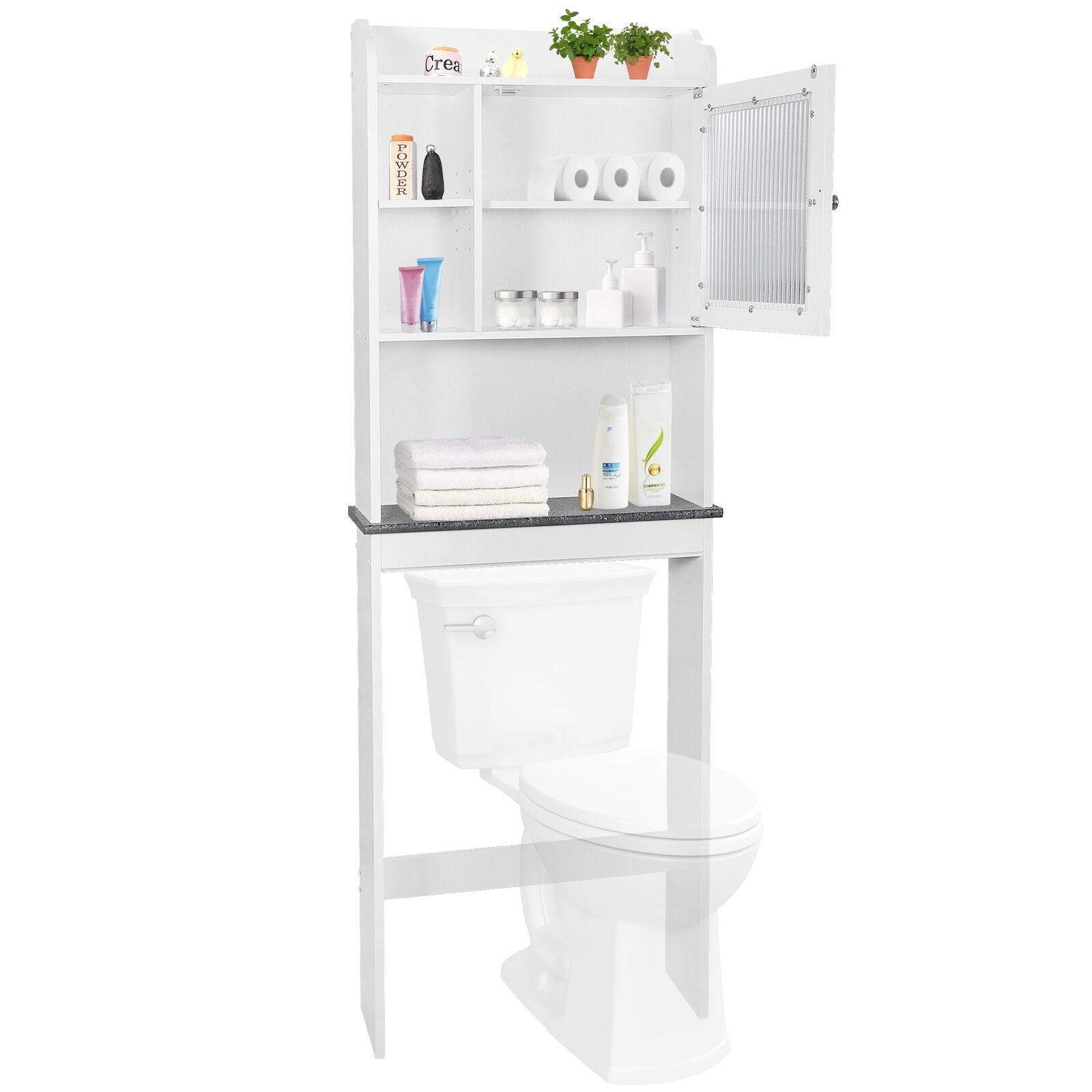 Favory Over The Toilet Cabinet, Double Door Bathroom Storage Organizer, Toilet Rack with Inner Adjustable Shelf and Open Storage Shelf,White