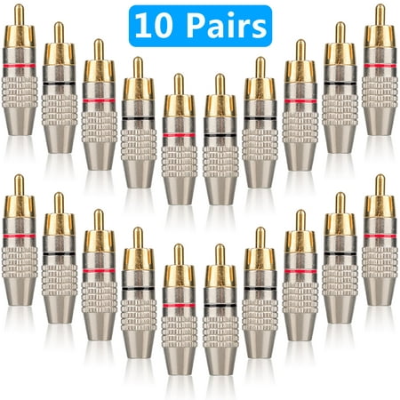 20-pack RCA Male Plug Solder Free Gold Plated Audio Video Adapter Locking Cable