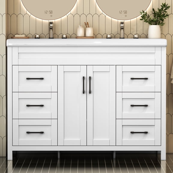 Yuhua 47" White Freestanding Bathroom Vanity with Double Sinks and Storage Drawers