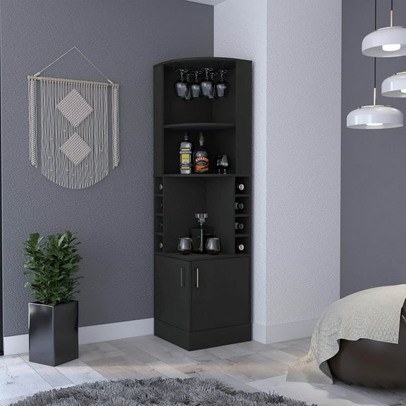 Newboti Corner Bar Cabinet, Double Door Cabinet, Glass Rack, Eight Built-in Wine Rack, Black 702812645267835