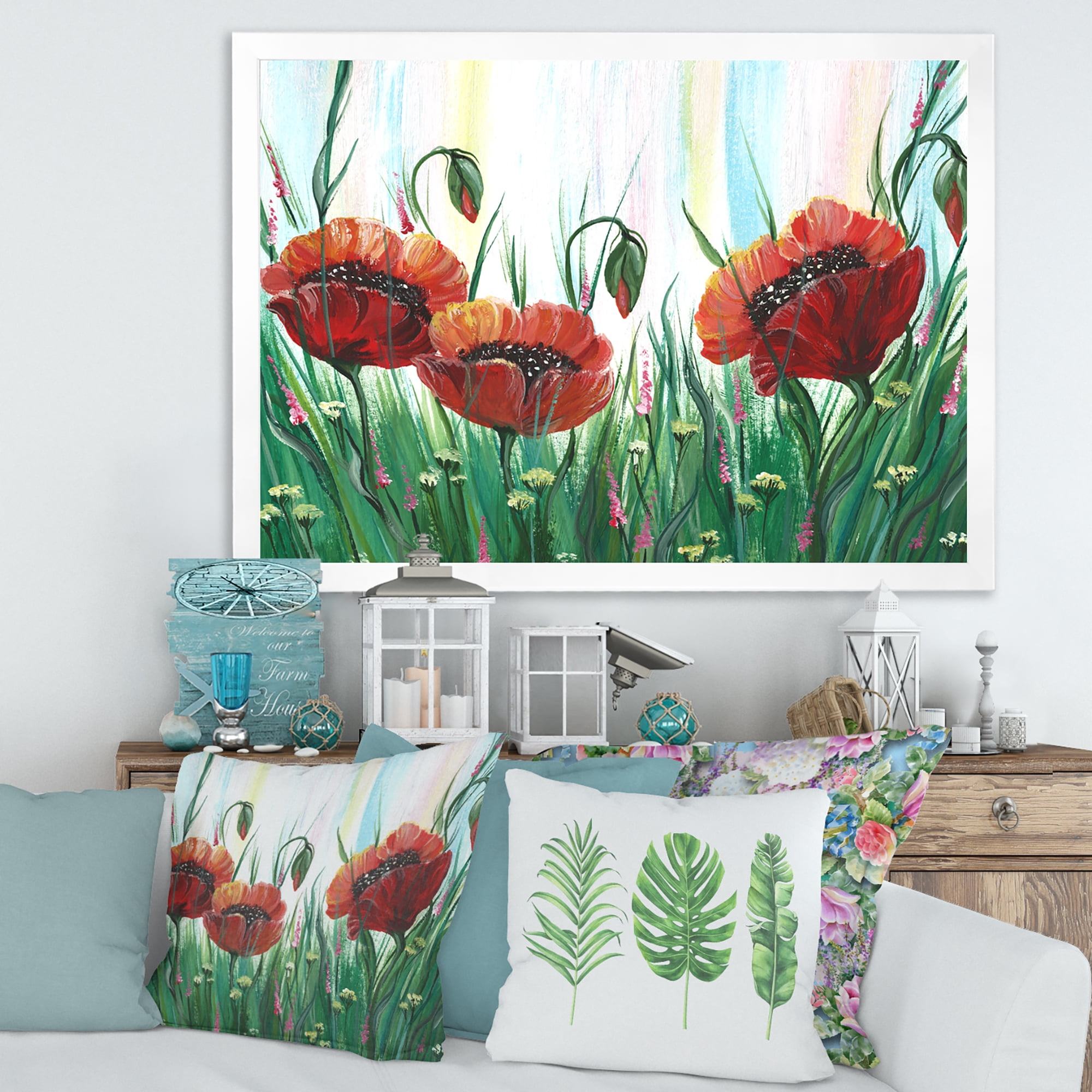 Designart 'Three Red Bright Poppy Flowers On A Green Meadow' Traditional Framed Art Print