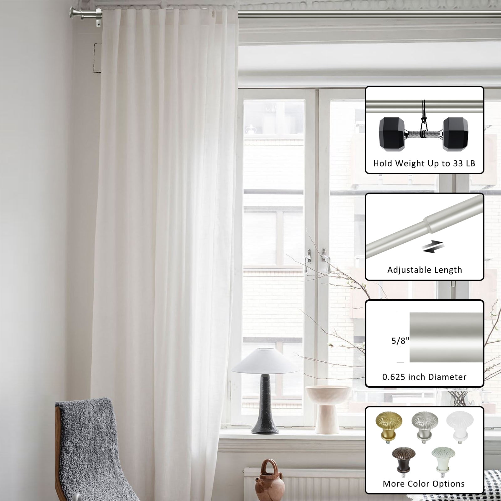 Ridicili 5/8" Telescoping Double Curtain Rods with Trumpet Finials, Pewter,48"-84", 5/8 Inches Front and 1/2 Inches Back Double Window Drapery Rod