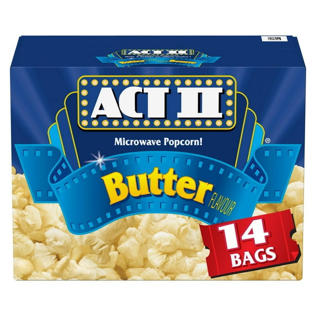 ACT II Butter Flavour Microwave Popcorn, 14 Bags, 100% Whole Grain Popping Corn, No Artificial Colours or Flavours, High Source of Fibre, 1.09kg