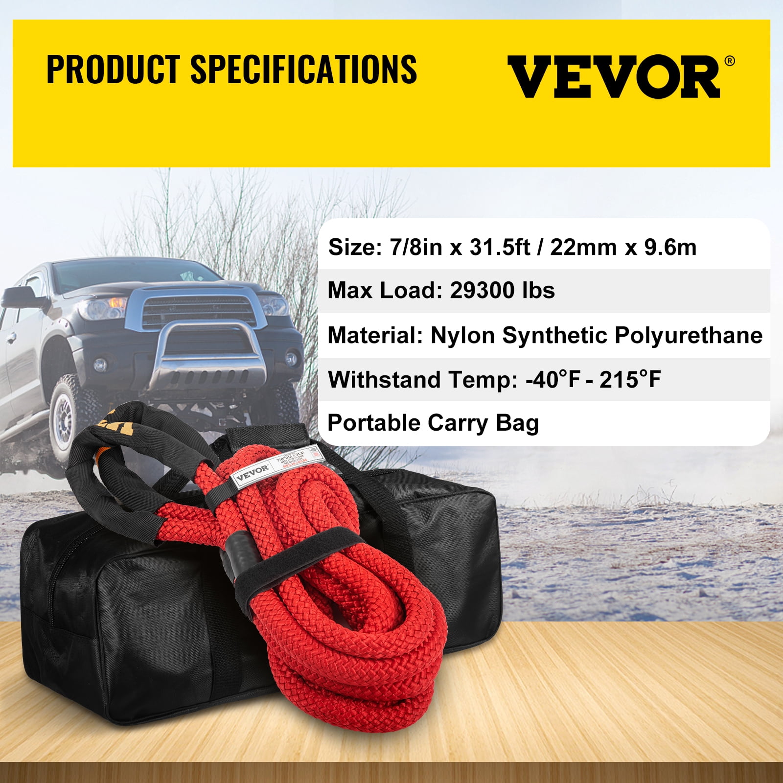 VEVOR 7/8" x 31.5' Recovery Tow Rope, 29,300 lbs, Heavy Duty Nylon Double Braided Kinetic Energy Rope w/ Loops and Protective Sleeves, for Truck Off-Road Vehicle ATV UTV, Carry Bag Included, Red
