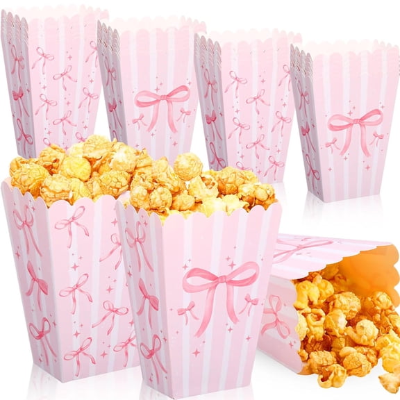 24 Pcs Pink Popcorn Boxes,Topboutique Pink Bow Pattern Popcorn Box,Bulk Popcorn Containers,Small Popcorn Bags,Open Top Goodies Treat Candy Bags for Birthday Wedding Party Supplies