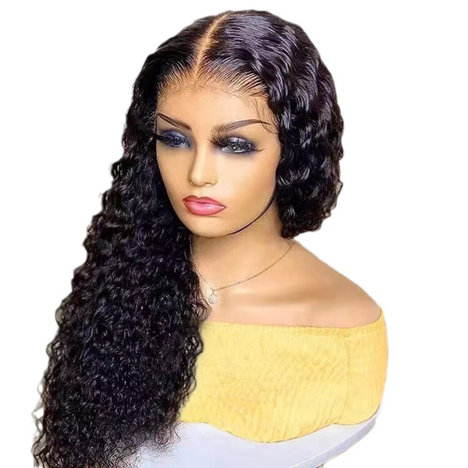 Deep Wave Lace Front Wig Human Hair, GluelessTransparent Lace Front Wig Pre Plucked with Baby Hair(Black,28in)