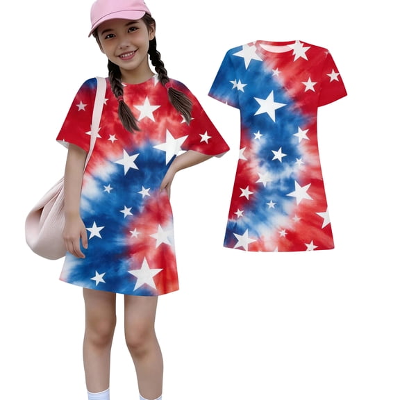 Grblisyd 4th of July Dresses for Girls Red White and Blue USA Patriotic Dress American Flag Crew Neck Short Sleeve A Line Dress Size 7