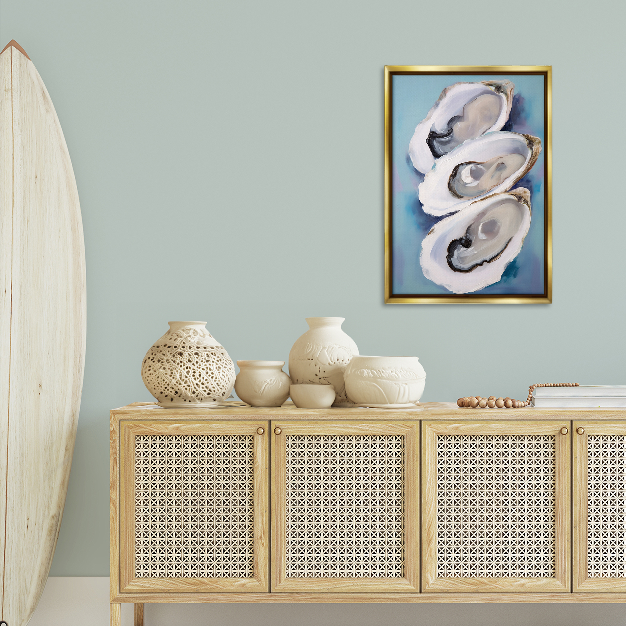 Stupell Industries Three Oyster Shells Animals & Insects Painting Gold Floater Framed Canvas Art Print Wall Art, 21 x 31