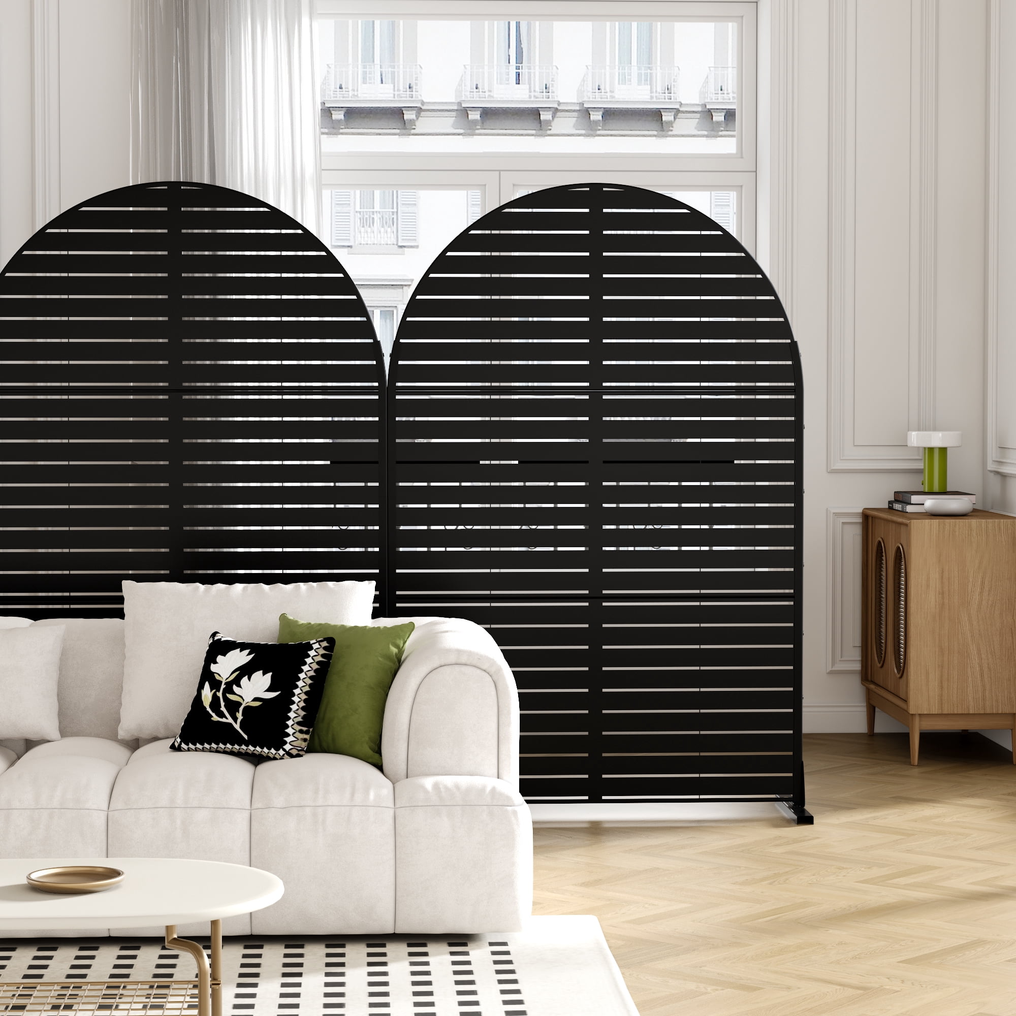 MAYEERTY 72*47" Outdoor Black Arched Metal Privacy Panel Screen for Patio, Classic Louvered