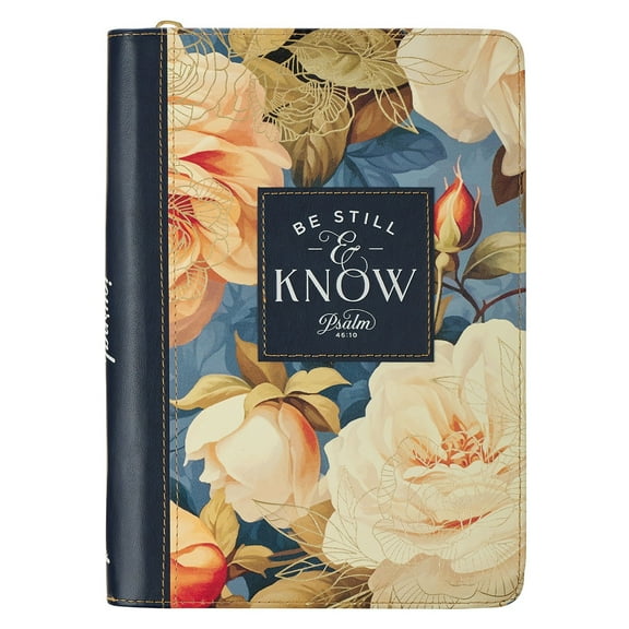 Christian Art Gifts Inspirational Zippered Journal, Be Still Wide Ruled Notebook, Psalm 46:10 Bible Verse, Navy Blue Vegan Leather Floral, 336 Lined Pages w/scripture, (9” x 6.4” x .9”)