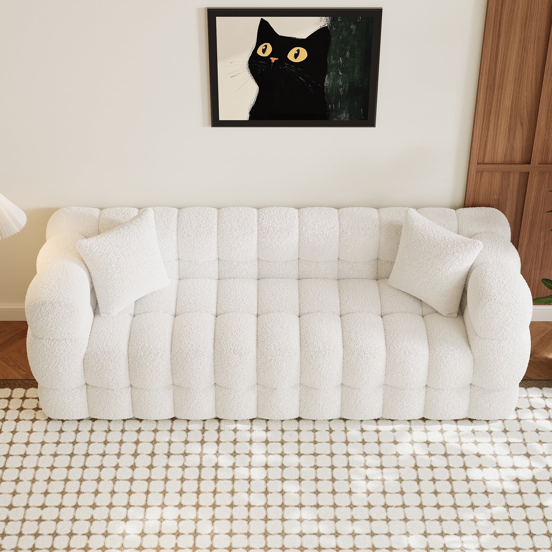 Wiilayok 80.3" Modern Tufted Upholstered 3 Seater Sofa with 2 Pillows，Comfy Sherpa Deep Seat Cloud Couch, Small Love Seat for Living Room Apartment, Beige White
