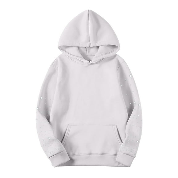 Miluxas Womens Glitter Rhinestone Hoodies Sparkle Long Sleeve Hooded Sweatshirt Teen Girls Oversized Streetwear Hoodie White XL(XL)