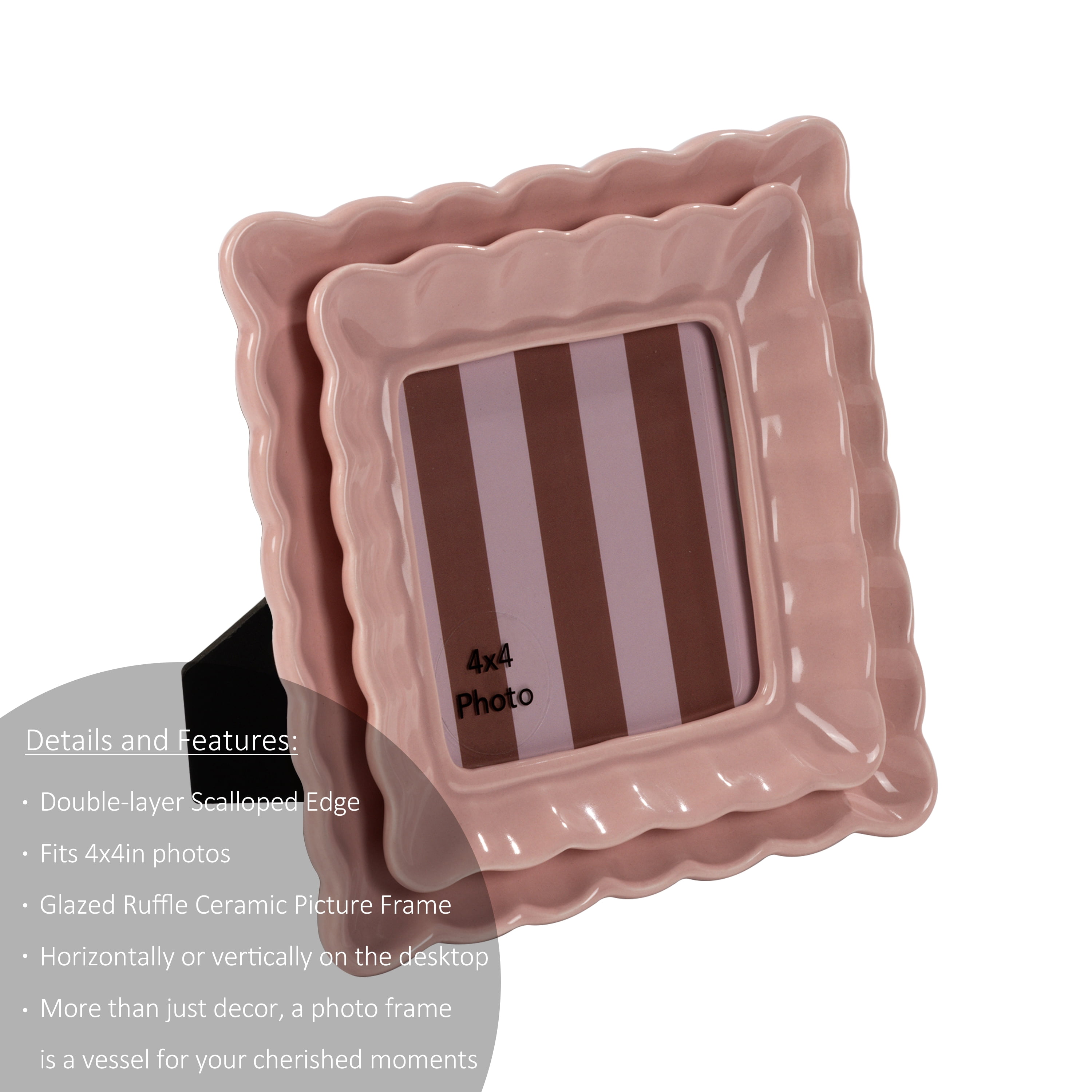 Sterling & Noble Home – 4x4 Picture Frame – Double Ruffle Pink Ceramic Tabletop Photo Frame