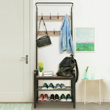 Wood Traditional Coat Rack (Coat Shoe Rack, KingSo Hall Tree Entryway Coat Shoe Rack 3-Tier Shoes Rack Shelves 7 Hooks, Wood Look Accent Furniture with Stable Metal Frame Easy Assembly,72'')