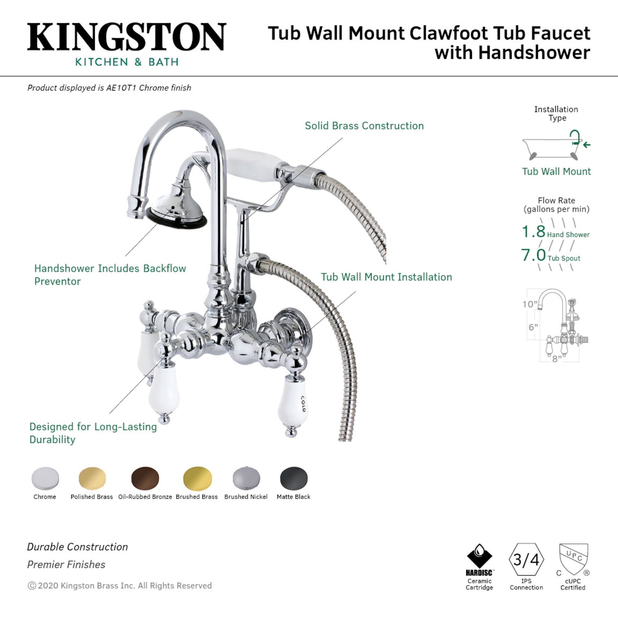 Kingston Brass AE9T0 Aqua Vintage Wall Mount Clawfoot Tub Faucet, Matte Black