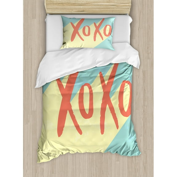 Xo Duvet Cover Set, Pop Art Style Retro Hugs and Kisses on Vibrant Illustration, Decorative 2 Piece Bedding Set with 1 Pillow Shams, Twin Size, Dark Coral Turquoise, by Ambesonne