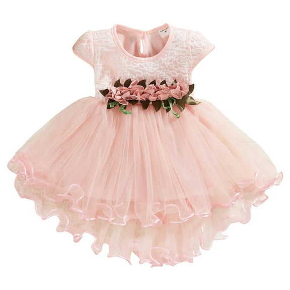 Dresses For Girls Kids Flowers Floral Tulle Ruched Princess Dresses Clothes Baby Girl Dress Pink 12 Months-18 Months
