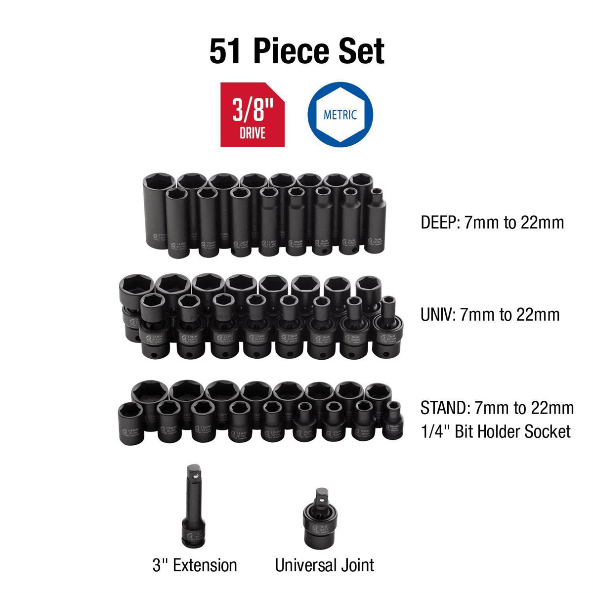 Sunex 3351 3/8" Drive 51 Piece Metric Impact Socket Set