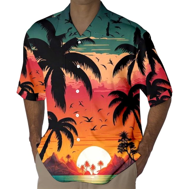 Camisas Deportivas Hombre Camisa de estilo casual de manga corta para hombre Camisa de solapa con botones con estampado 3D de puesta de sol de junto al mar Cárdigan de manga corta (Orange, XL)