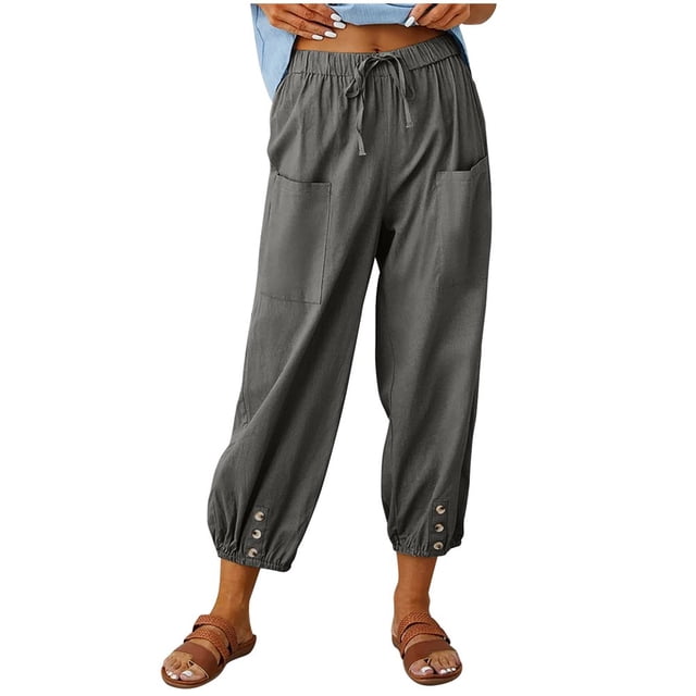 Women‘s Cotton Linen Pants Drawstring Elastic Waist Capri Pants Lounge Pants with Pockets