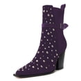 thumbnail image 2 of FSJ Women Fashion Studded Bead Closed Toe Pull On Booties Chunky High Heels Buckle Strap Ankle Boots Stretch Party Dress Shoes Size 8 Purple, 2 of 4
